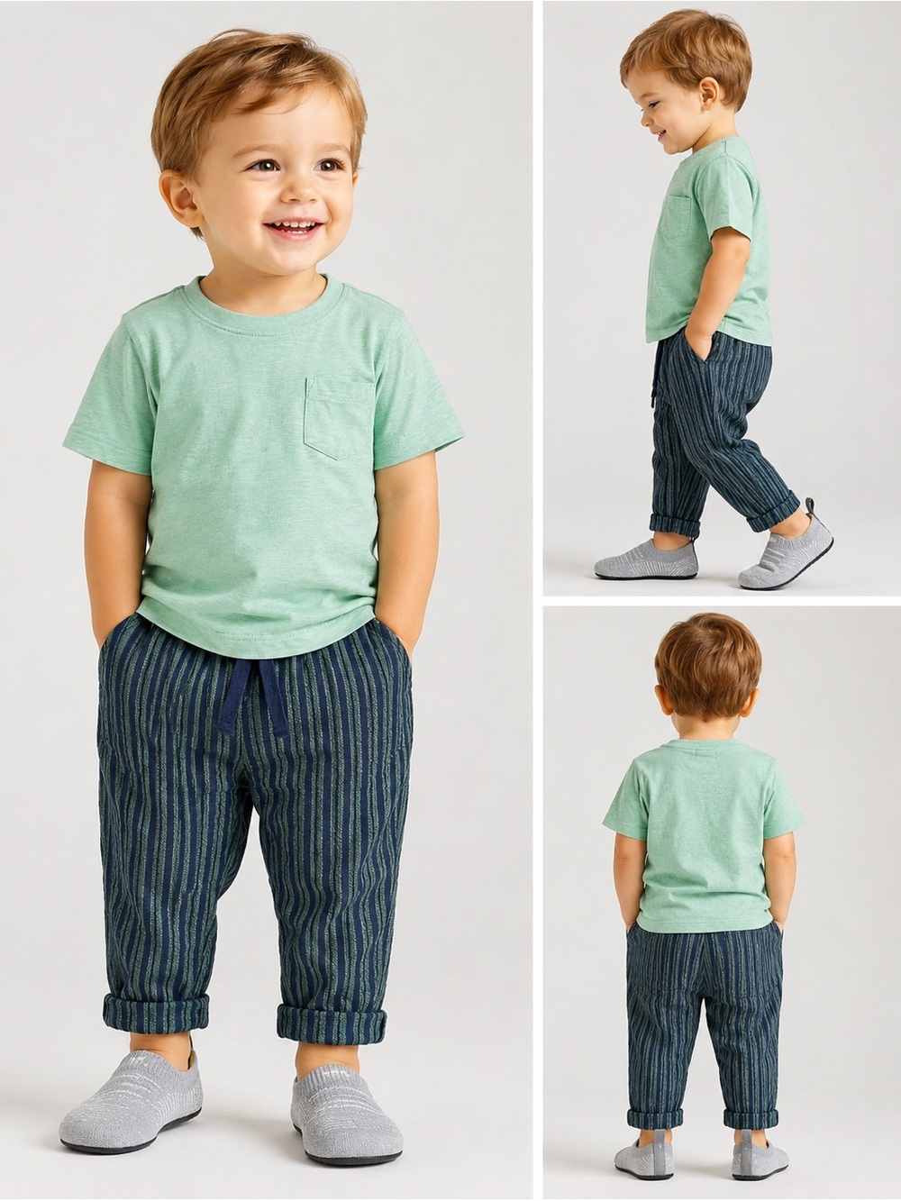H&M Toddler 2-Piece Outfit Size 2T | Mint Pocket Tee & Blue Striped Linen Pants